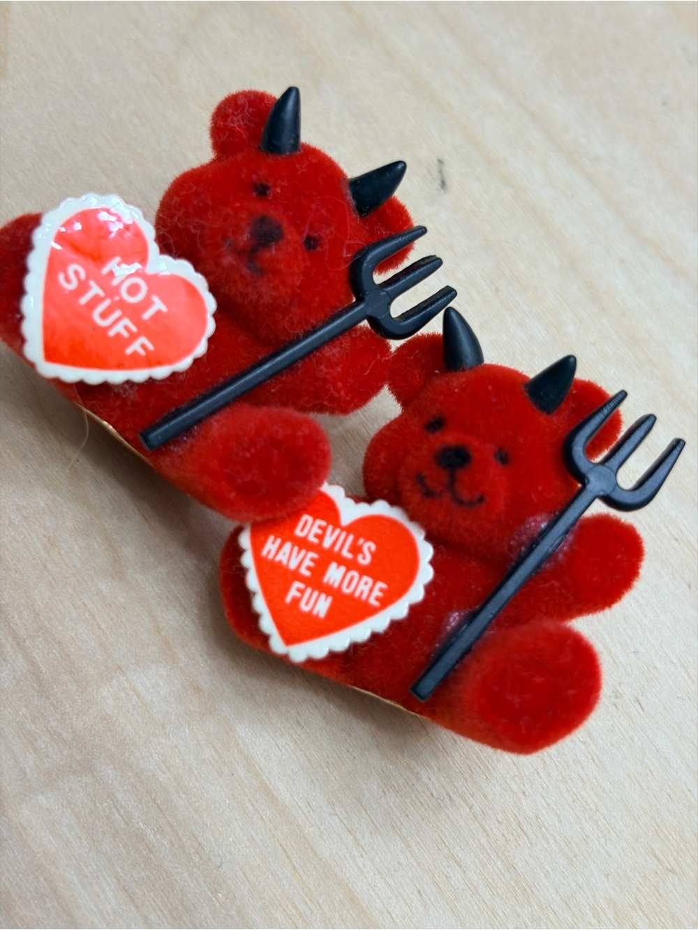 1980s World Trend Flocked Red Devil Bear Heart Valentine Pins